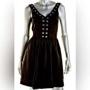 Aqua Black V neck flare dress with grommet details